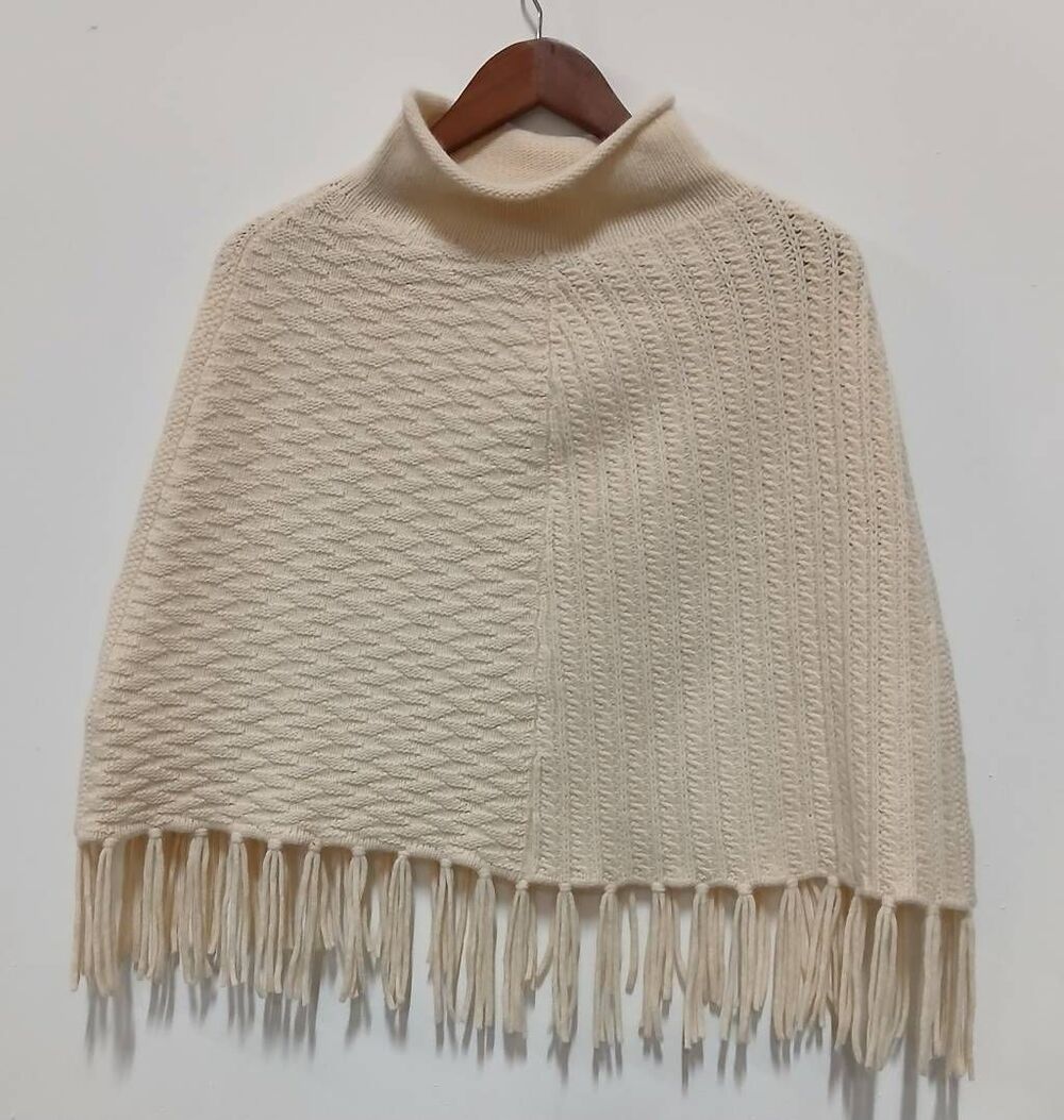 Womens small poncho sweater cream ivory soft wool fringe mockneck handmade
